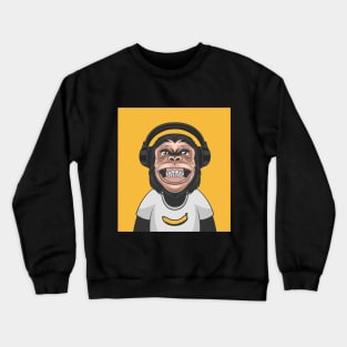 funny smiling chimpanzee ape with headphones and banana Crewneck Sweatshirt